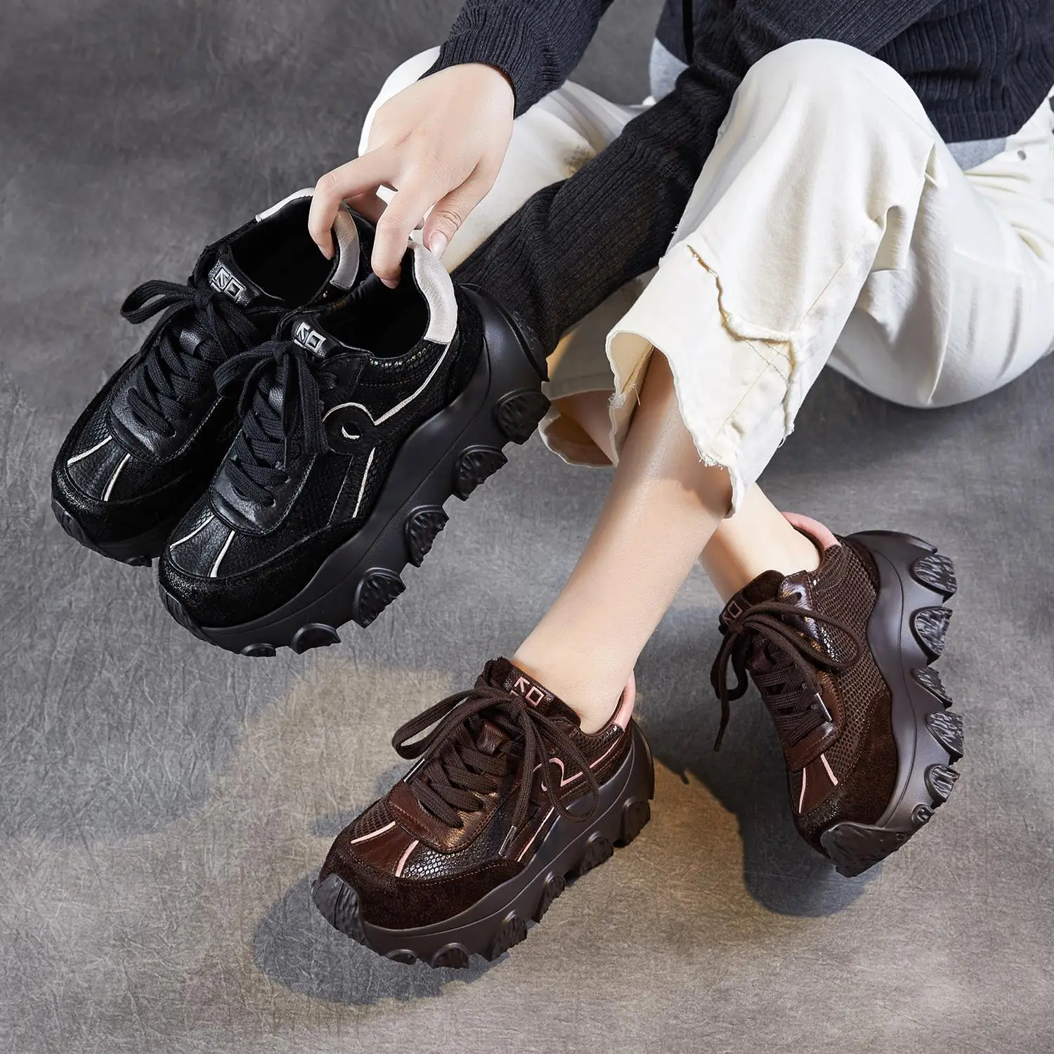 

Genuine Top Layer Cowhide Retro Dad Shoes Women's New Style Lace-Up Casual Lightweight Sports Shoes Breathable round Toe
