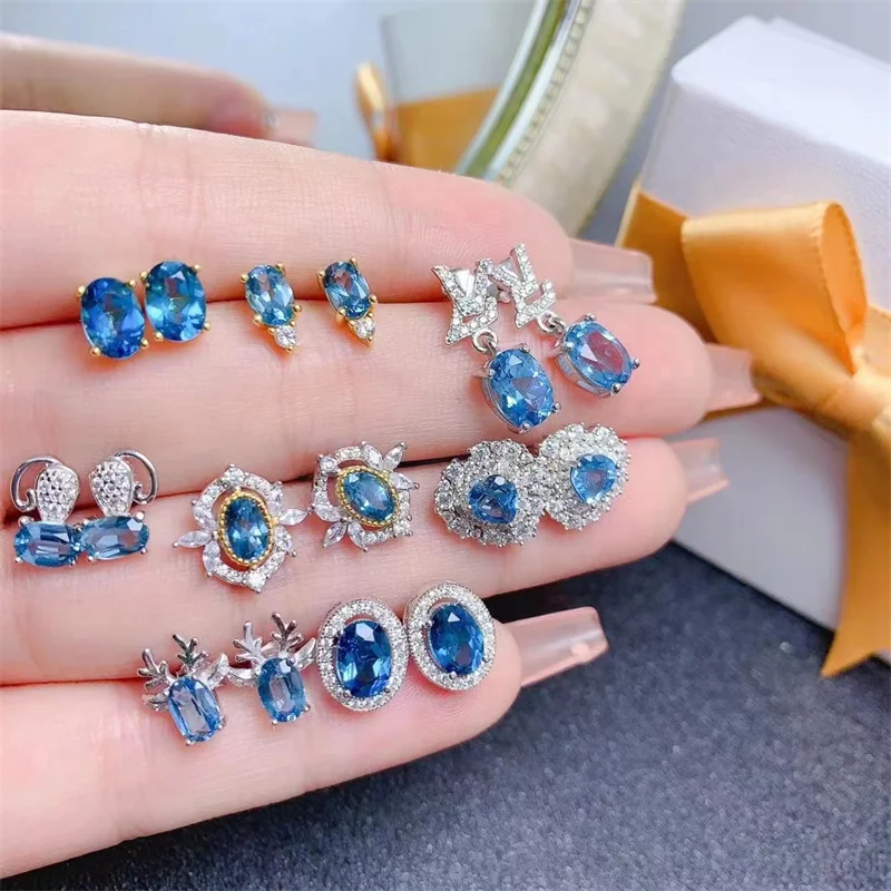 

Natural Gemsotne Stud Earrings 925 Sterling Silver Earrings for Women London Blue Topaz Fine Jewelry with Ceritificate