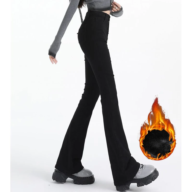 Pantalones vaqueros acampanados de felpa térmica de cintura alta para niña, pantalones vaqueros clásicos de lana fina para mujer, pantalones cálidos para la nieve a la moda para invierno