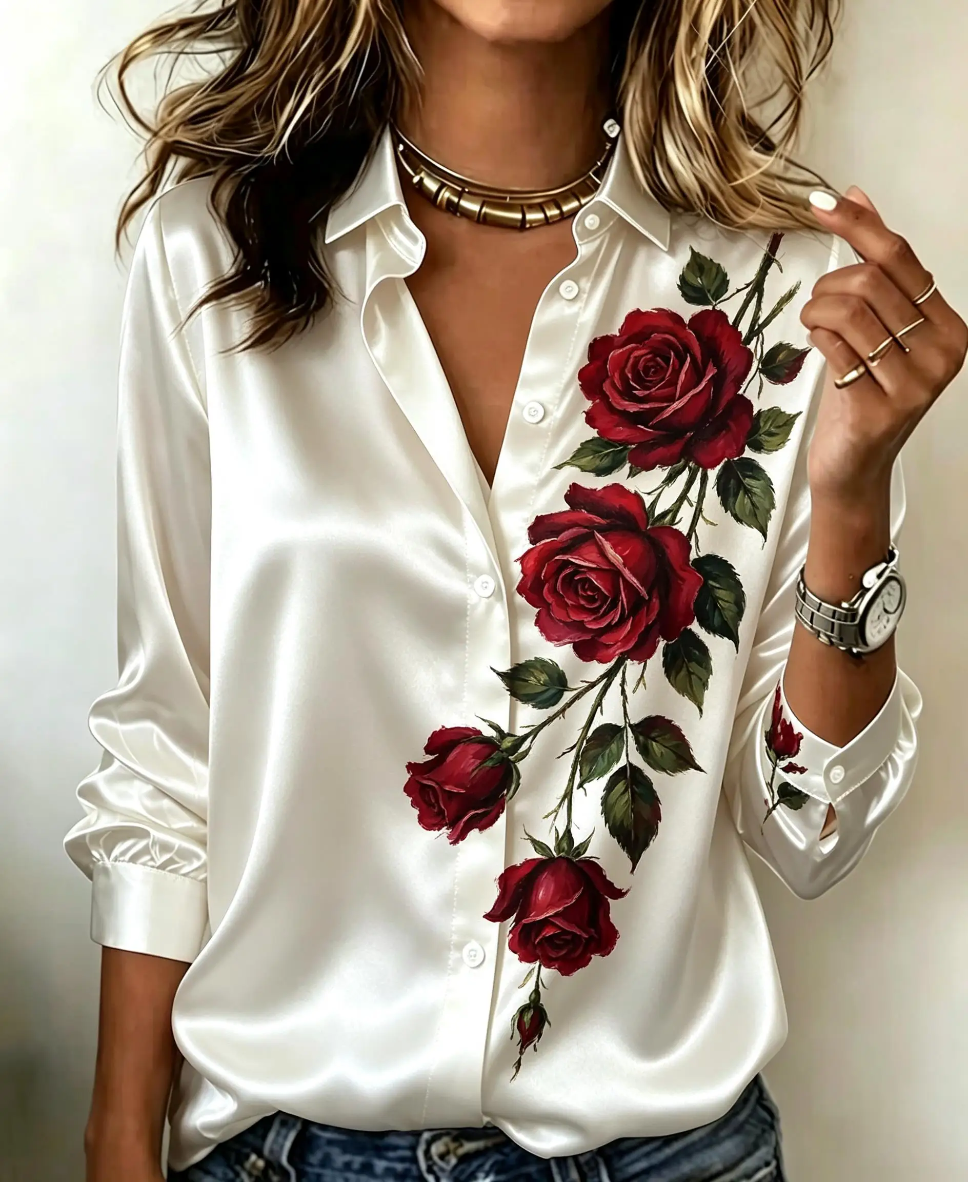 Women Elegant Floral Graphic Button Down Shirt, Turn‑down Collar Long Sleeve Office Casual Blouse