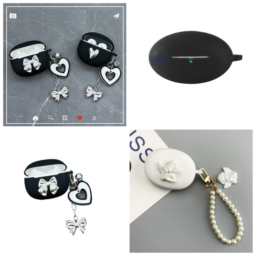 Cute Love Chain Case For huawei FreeBuds Neo case FreeBuds 6i 7i 7 5i Earphone Silicone Cover Luxury Plating Bow Keychain Case