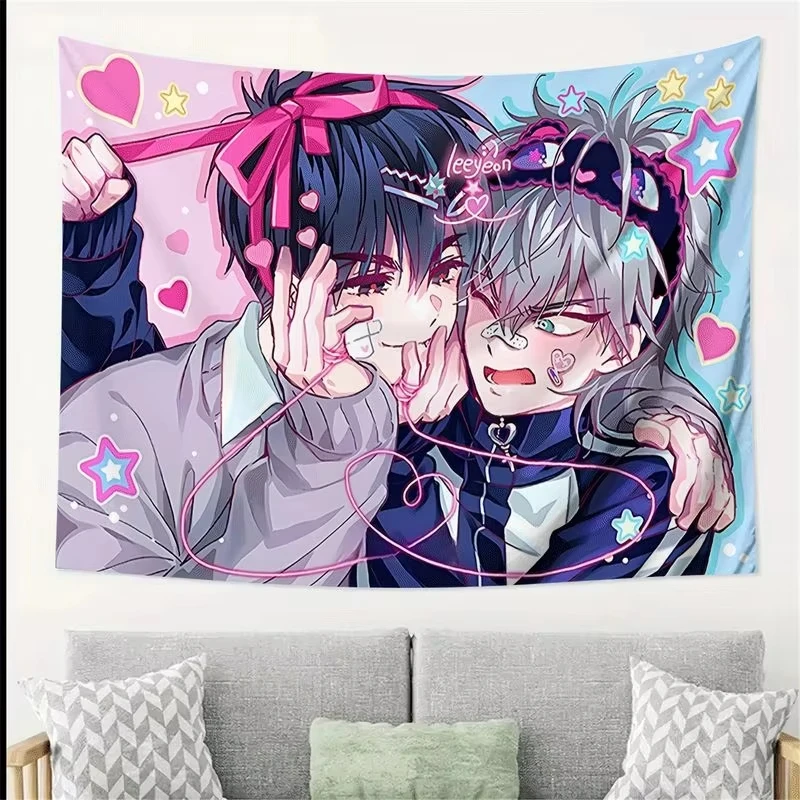 Pink Blue Sweet Cool Double Male Leader Han Man Anime Tapestry, Cute Wall Hanging for Girls Room Bedroom Decor Gift