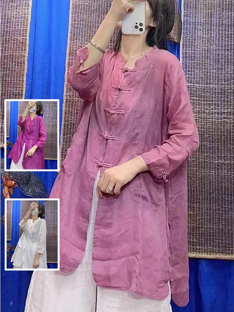 

Легкий хлопковый льняной одяг, свободный крой, длинный открытый кардиган с воротником-стойкой, большие размеры, женская летняя повседневная одежда