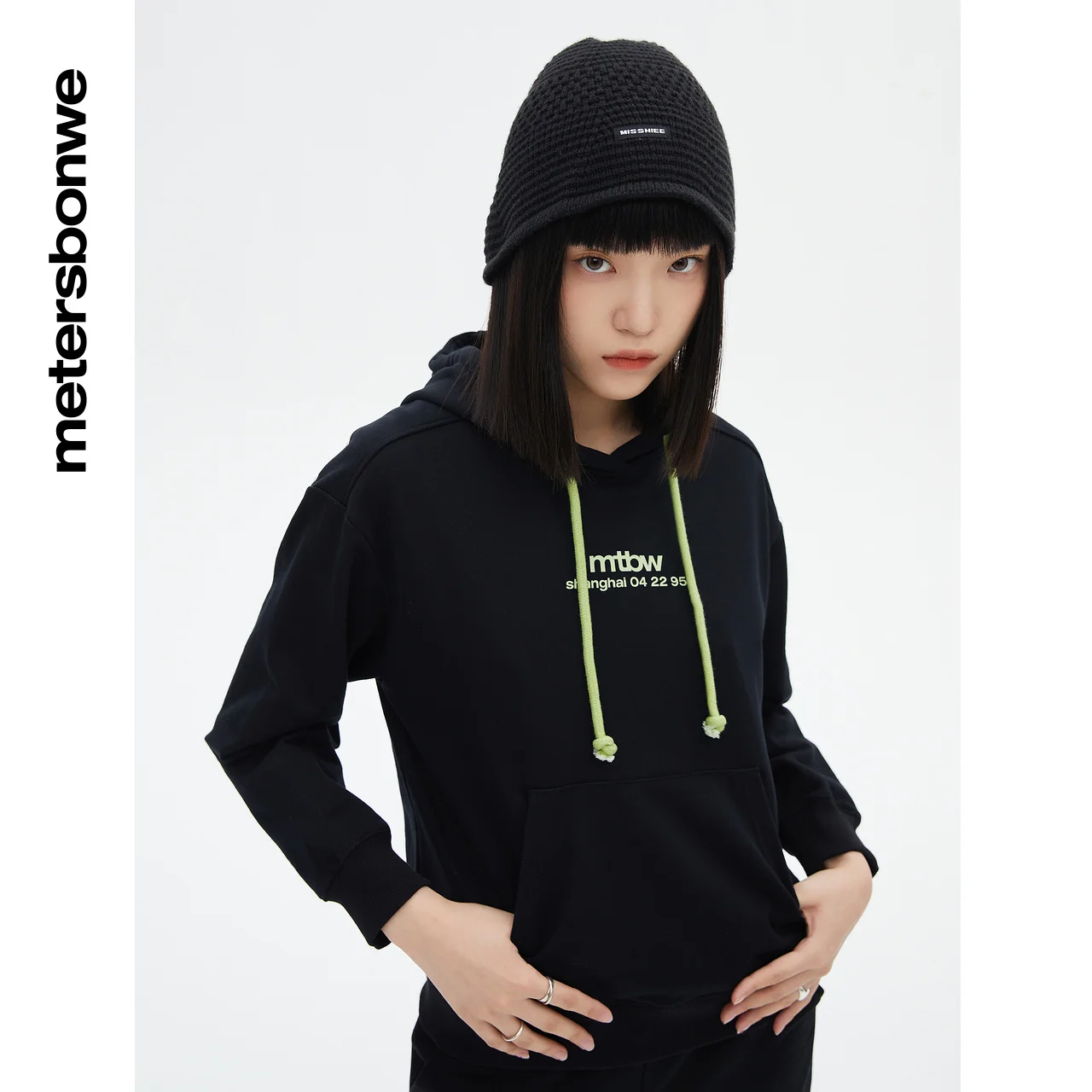 Metersbonwe-Women's 100% Cotton Solid Color Long-Sleeved Hoodie Hooded Drawstring Print Short Pullover Comfortable Spring Autumn