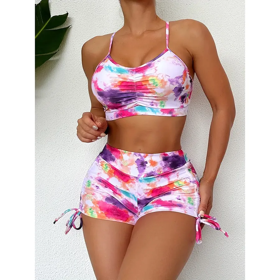 2025 Zomer Nieuwe Mode Kleur Tie Verven Gedrukt Vrouwen Grote Maat Badpak Set Hoge Taille Platte Hoek Broek Split Bikini