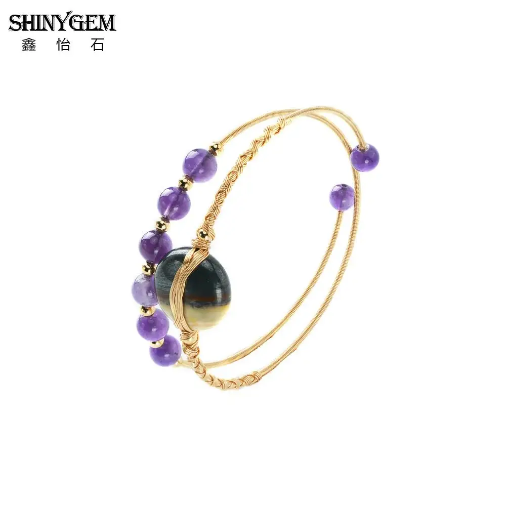 

ShinyGem Natural Amethyst Elastic Bracelet for Women Handmade Wire Wrapped Adjustable Bangles Fashion Jewelry Accessories