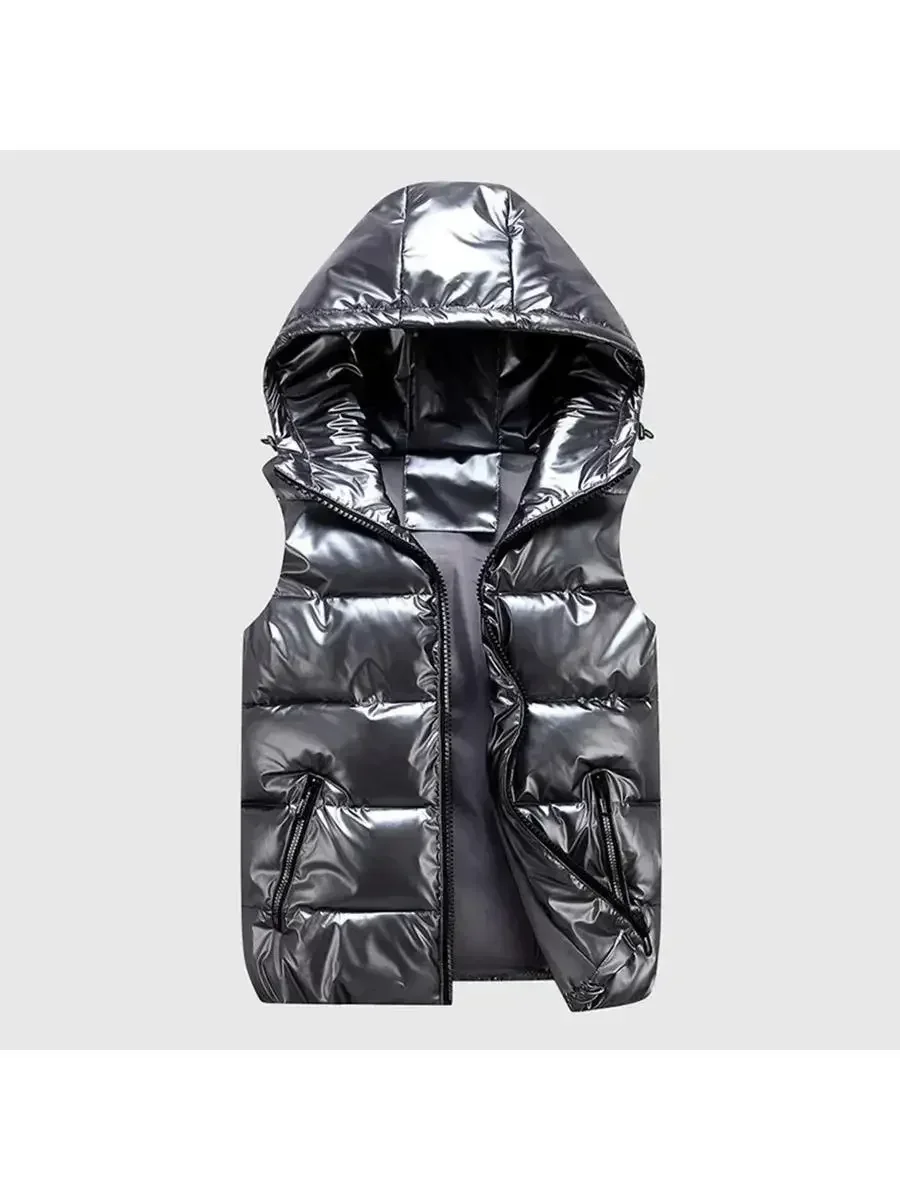 2025 nieuwe heren winter gewatteerde casual vest met capuchon glanzende mouwloze jas gewatteerde comfortabele warme jas waterdicht vest herenkleding - afbeelding 2