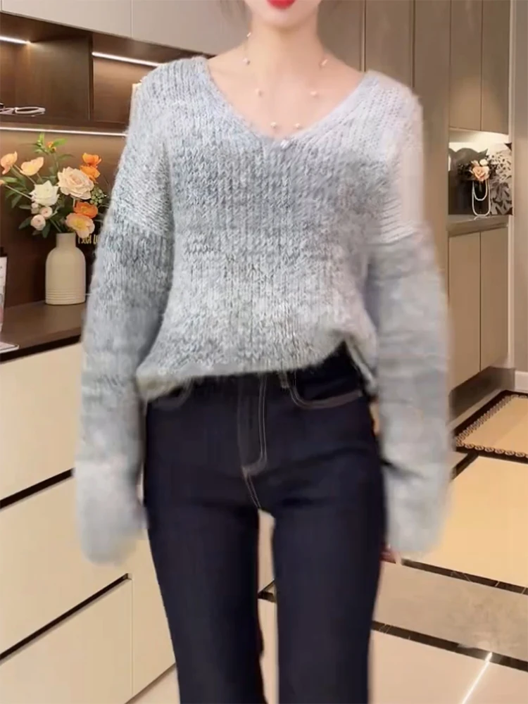 

Корейский вязаный топ с V-образным вырезом, модный, однотонный, женский, больших размеров, свободного кроя, теплый, для повседневной носки, осенняя новинка