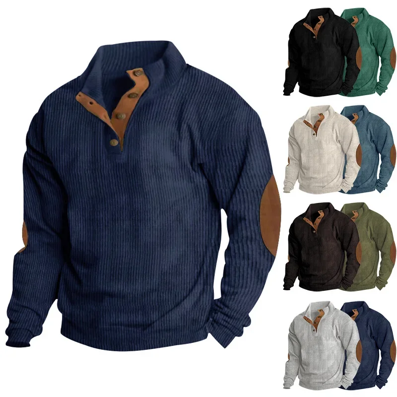 Frühling und Herbst Freizeit Herren Sweatshirt Stehkragen Langarm Patchwork Versunkene Streifen Cord Bequeme Herrenbekleidung