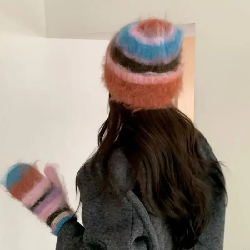 Acrylic Knitted Hat Elastic Stripe Pattern Hat For Autumn Winter Outdoor Activity 