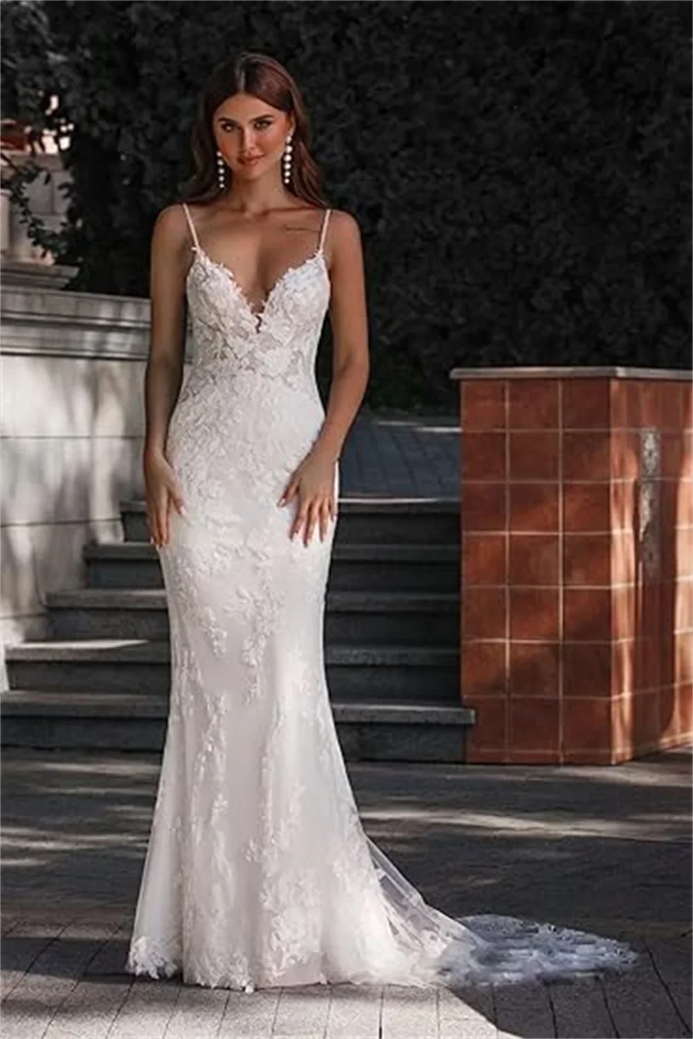 

Великолепное свадебное платье русалки на бретельках для невесты с длинными аппликациями из тюля с v-образным вырезом, свадебное платье с v-образным вырезом, платье для выпускного вечера