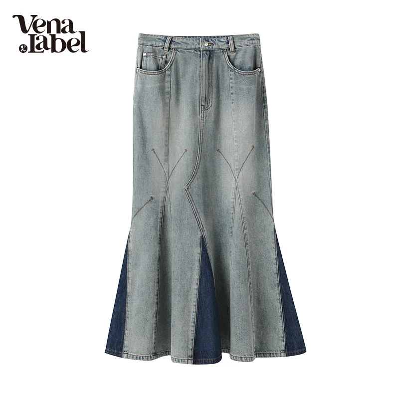 Vena Label Women's Denim Skirt Mermaid Casual Skirt Washed Spliced Spring Autumn High Waist Streetwear Ankle Length WA110