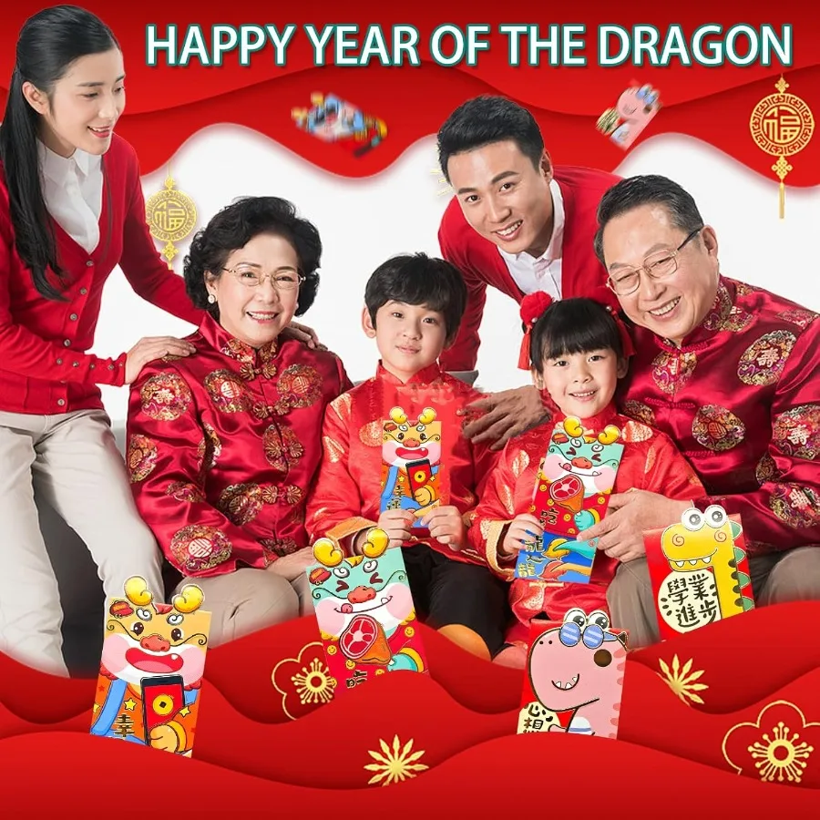 36 pezzi buste rosse cinesi 2024 Lur Capodanno cartone animato drago dinosauro pieghevole pat rosso per 2 dimensioni lussuoso colorato denaro fortunato