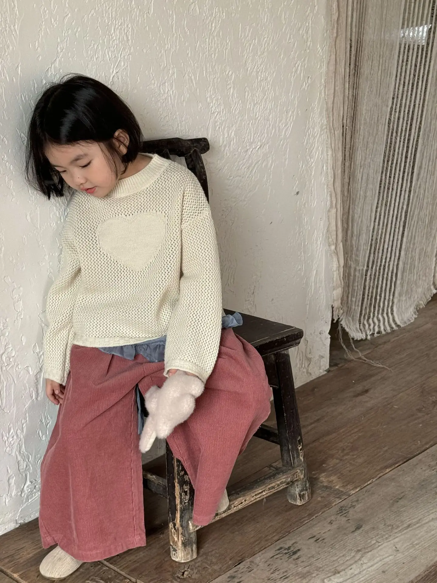 

Children's Sweaters 2024 Autumn Korean New Baby Sweater Cute Solid Color Kids Heart Knitted Loose Pullover Girl's Sweater