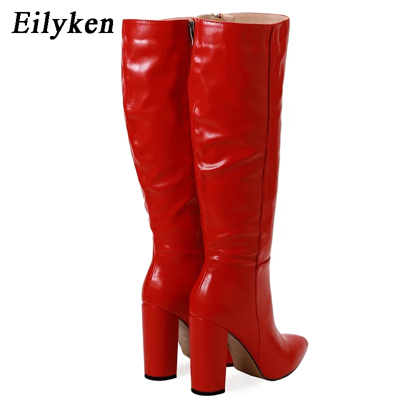 Eilyken moda donna stivali da moto alti al ginocchio Sexy punta a punta tacchi quadrati cerniera lunga femminile Botas De Mujer Largas