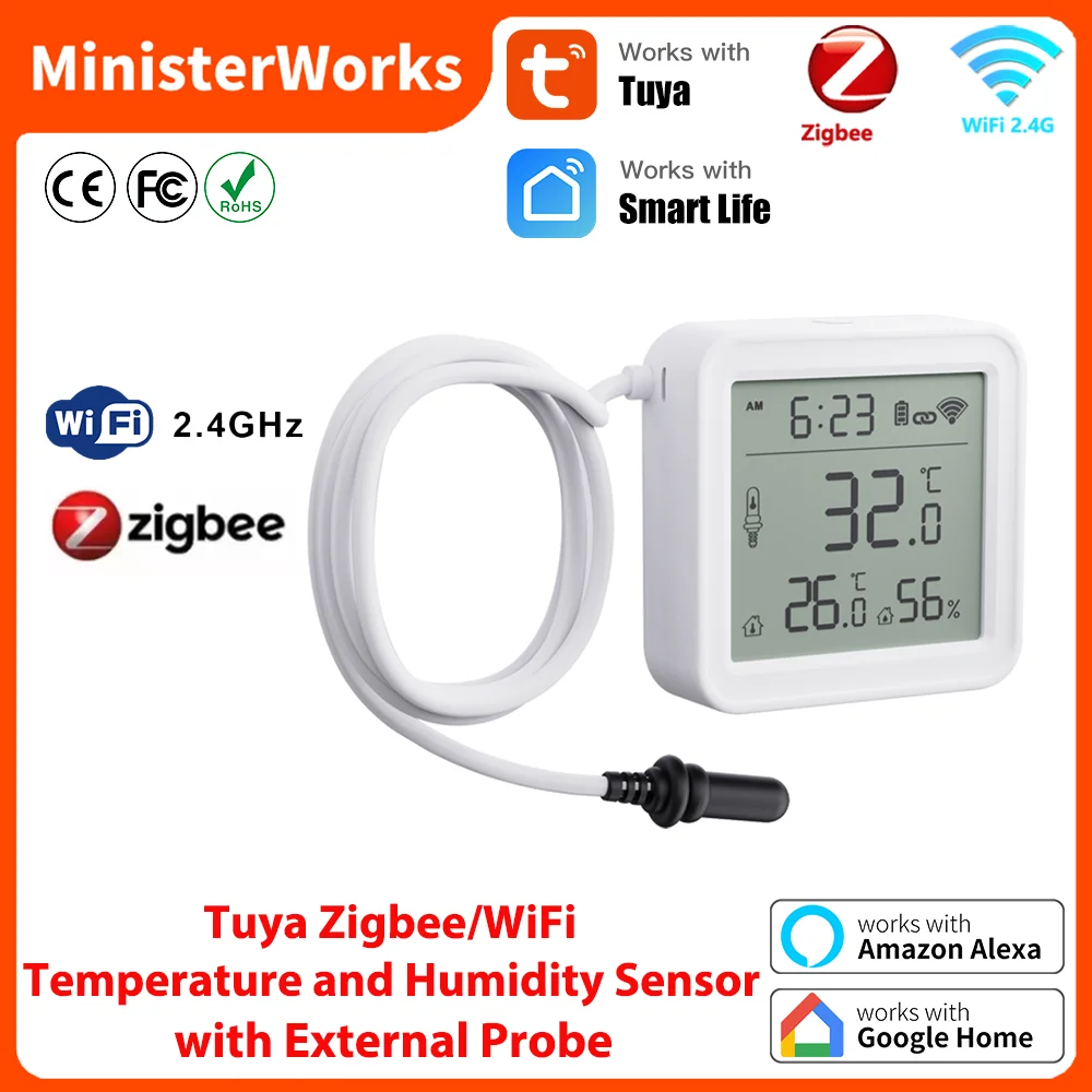 

Tuya Zigbee WiFi Temperature and Humidity Sensor with External Probe Smart Home Thermometer work with SmartLife,for Refrigerator