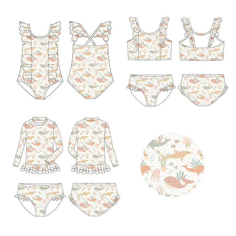 Cartoon Fish Print Girls Summer New Arrival Ruffled Sleeveless Top and Shorts Fashionable Boutique Swimsuit Set