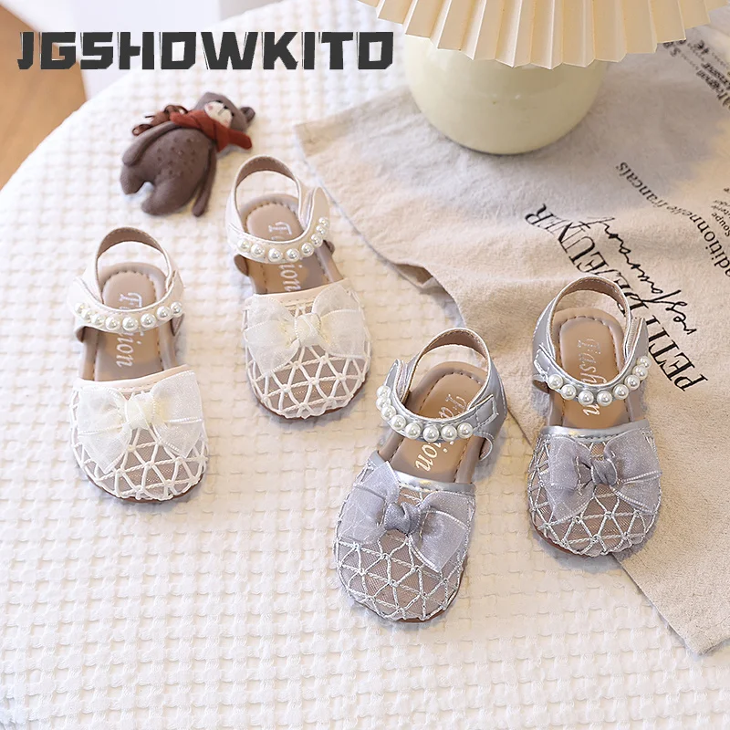 JGSHOWKITO Fashion Girls Sandals with Beads Princess Bow-knot Sweet Kids Beach Shoes Mesh Breathable Soft for Toddlers Medium