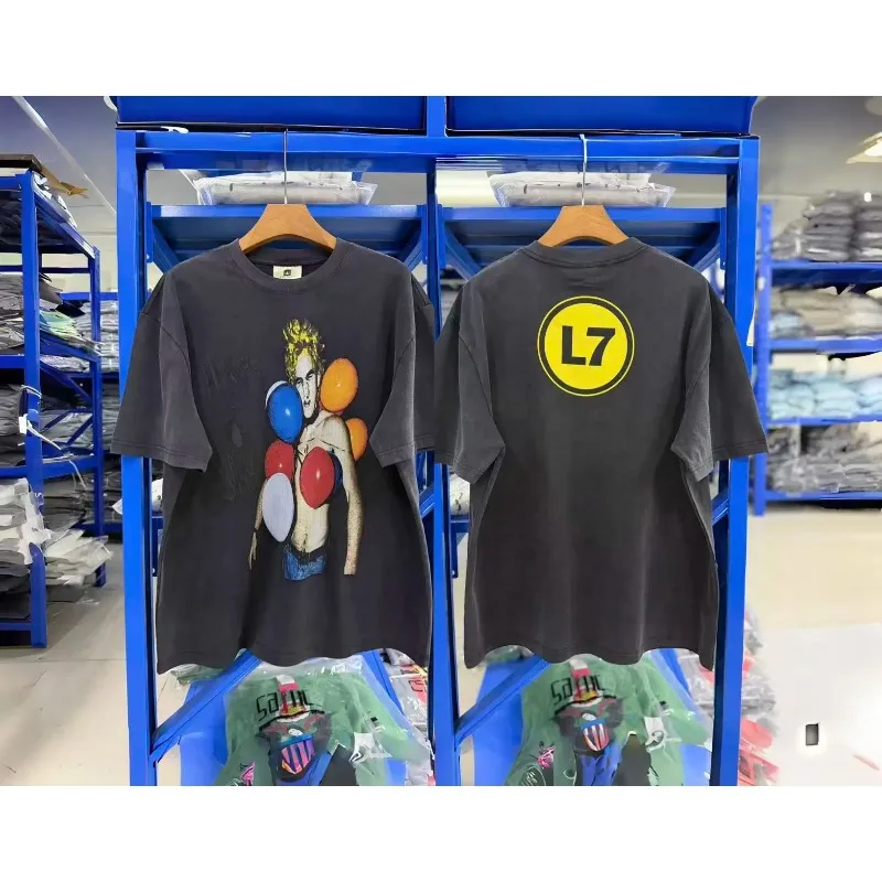 New SAINT Men's T-Shirt Washed Distressed Balloon Man Graphic Streetwear Hip Hop Tee Top