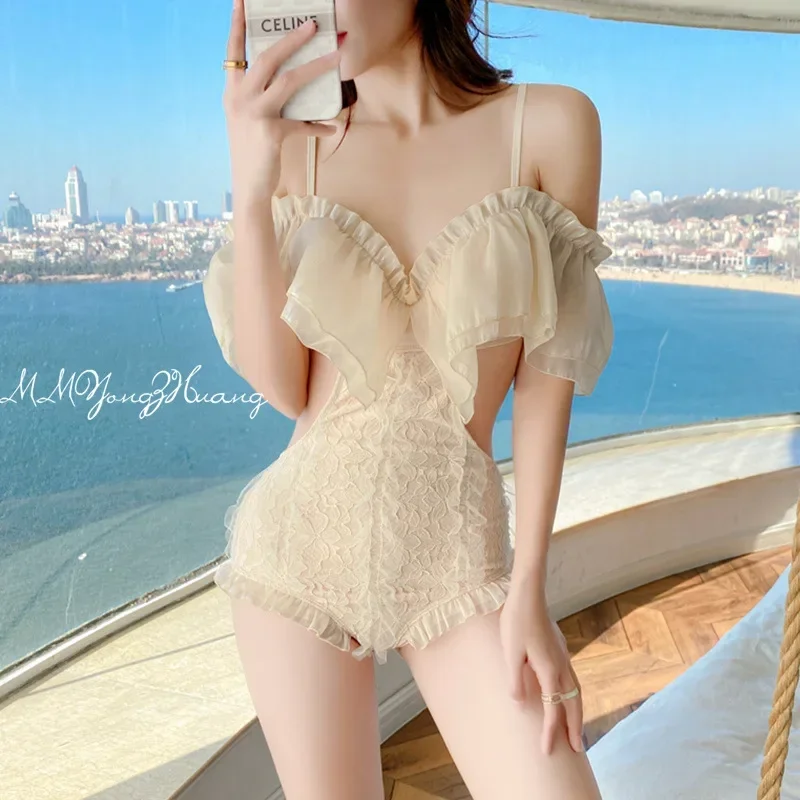 Ladies Sexy Swimsuit with Smock Wire Straped Swimwear Dress Korean Fairy Lace Swimsuit Sweet Hollow Out Skort One-piece Bikinis