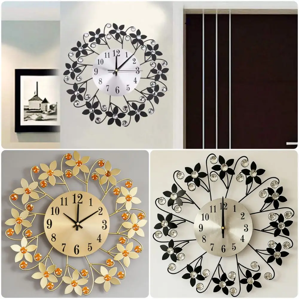 Iron Flower Wall Clock Quartz Movement Metal Frame Decorative Clock Crystal Ornament Silent Mechanism Wall-mounted Clock Bedroom