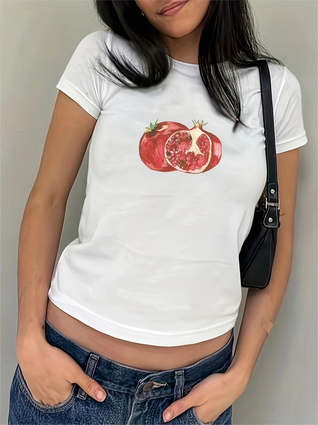 Women's Sleeve Crew Neck T-Shirt with Vibrant Pomegranate Fruit Graphic Print Breathable Summer Spring Top Aesthetic Clothes
