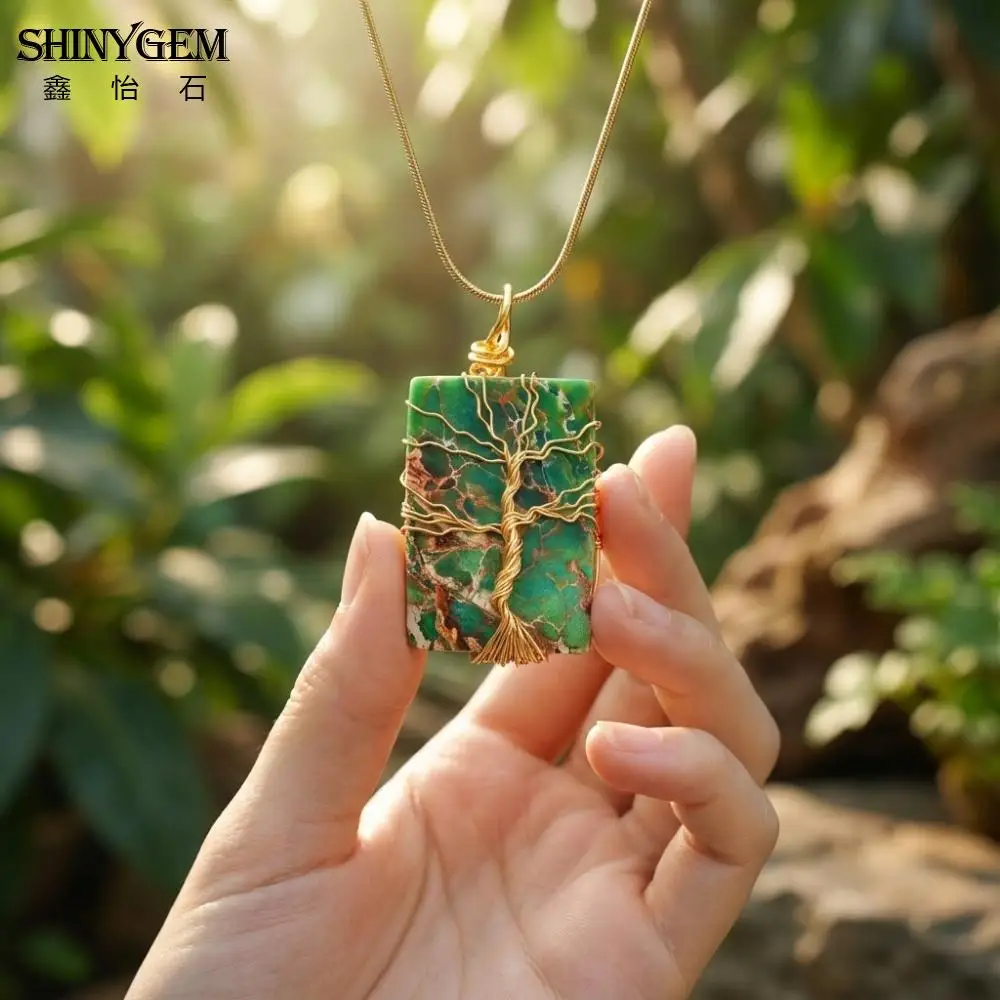 

SHINYGEM Green Imperial Jasper Necklace Ocean Jasper Pendant Sediment Gem with Handmade Wrapping Natural Stone Jewelry Valentine