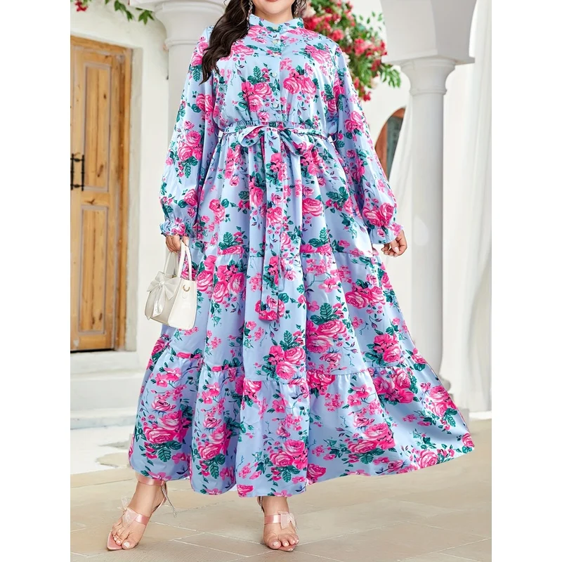 

Plus Size Women's Fashionable Collared Printed Elegant Long Dress