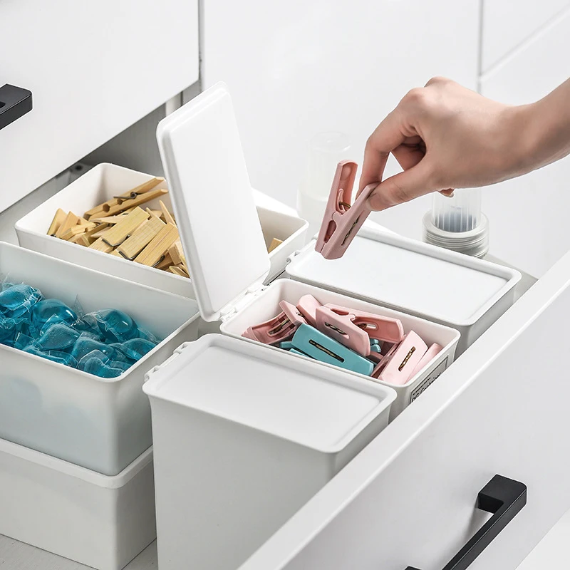 White Laundry Room Storage Box Scent Booster Laundry Beads Powder Container Clothes Clips Case with Dustproof Lid Organizer Box