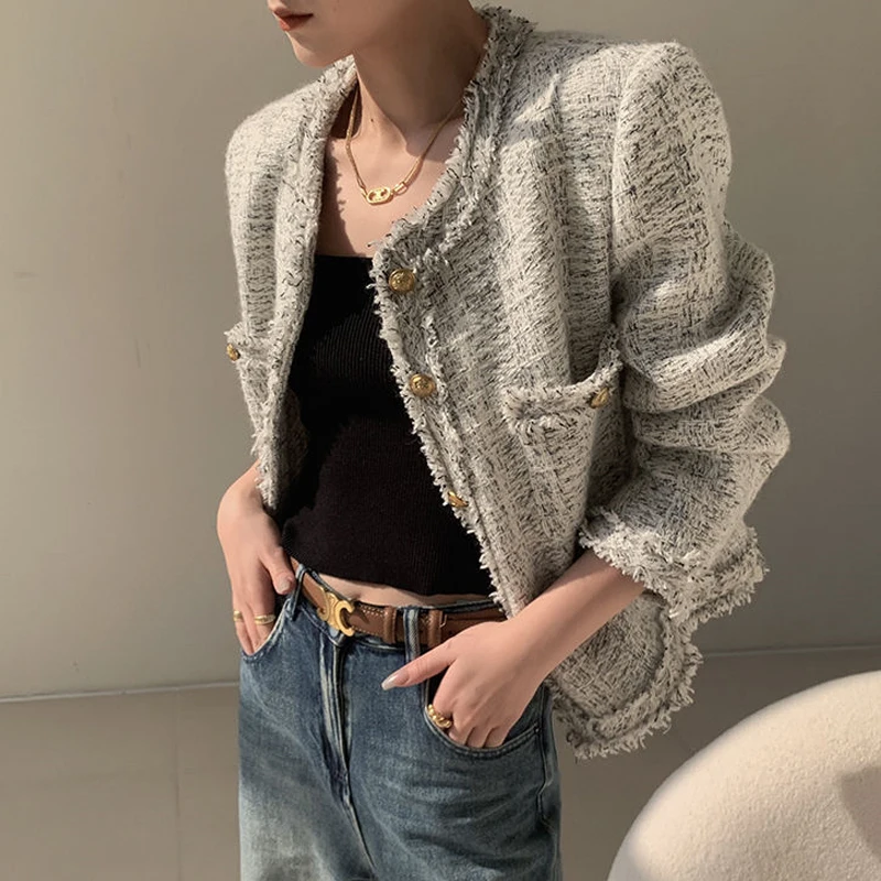 Women Vintage Elegant Luxury Design Tweed Single Breasted Jacket Autumn Winter Female Trendy O Neck Long Sleeve Loose Chic Coats