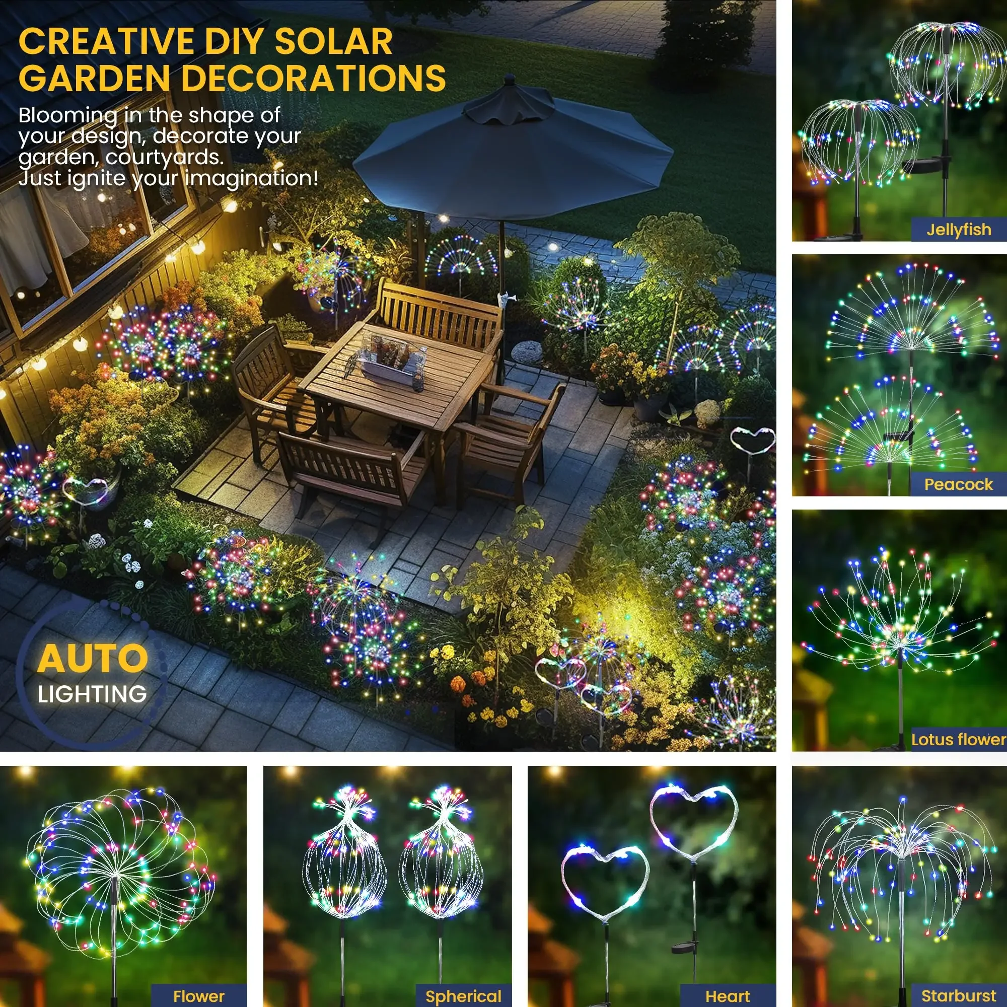 60-200LED Solar Fireworks Light Outdoor Decorative Multicolor Starburst Lamps Waterproof 8 Lighting Modes Garden Yard Path