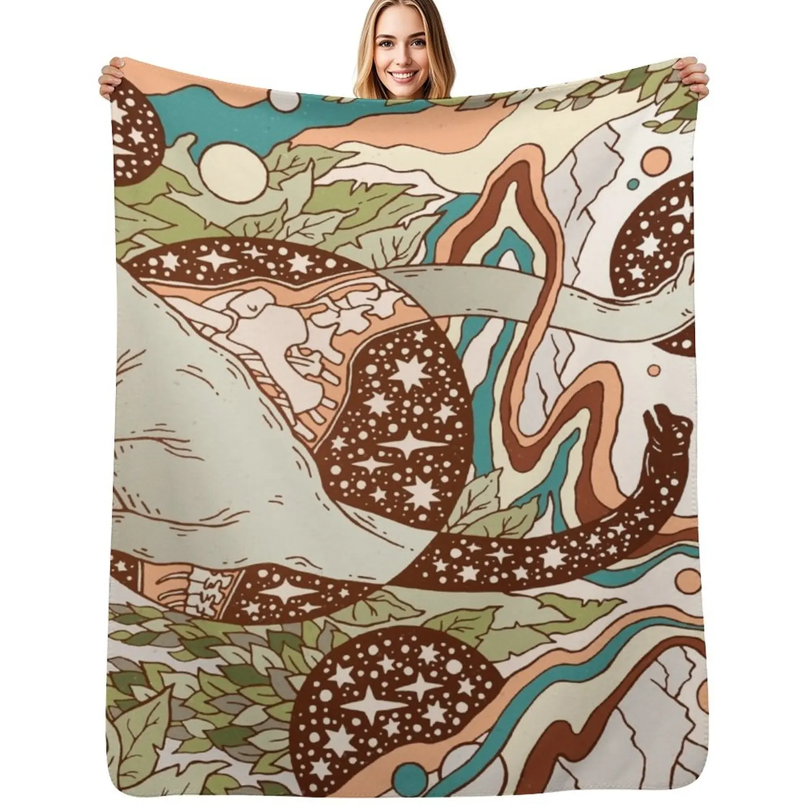 Jurassic Portal | Retro Rainbow Palette | Dinosaur Science Fiction Art Throw Blanket Stuffeds manga Multi-Purpose Cute Blankets