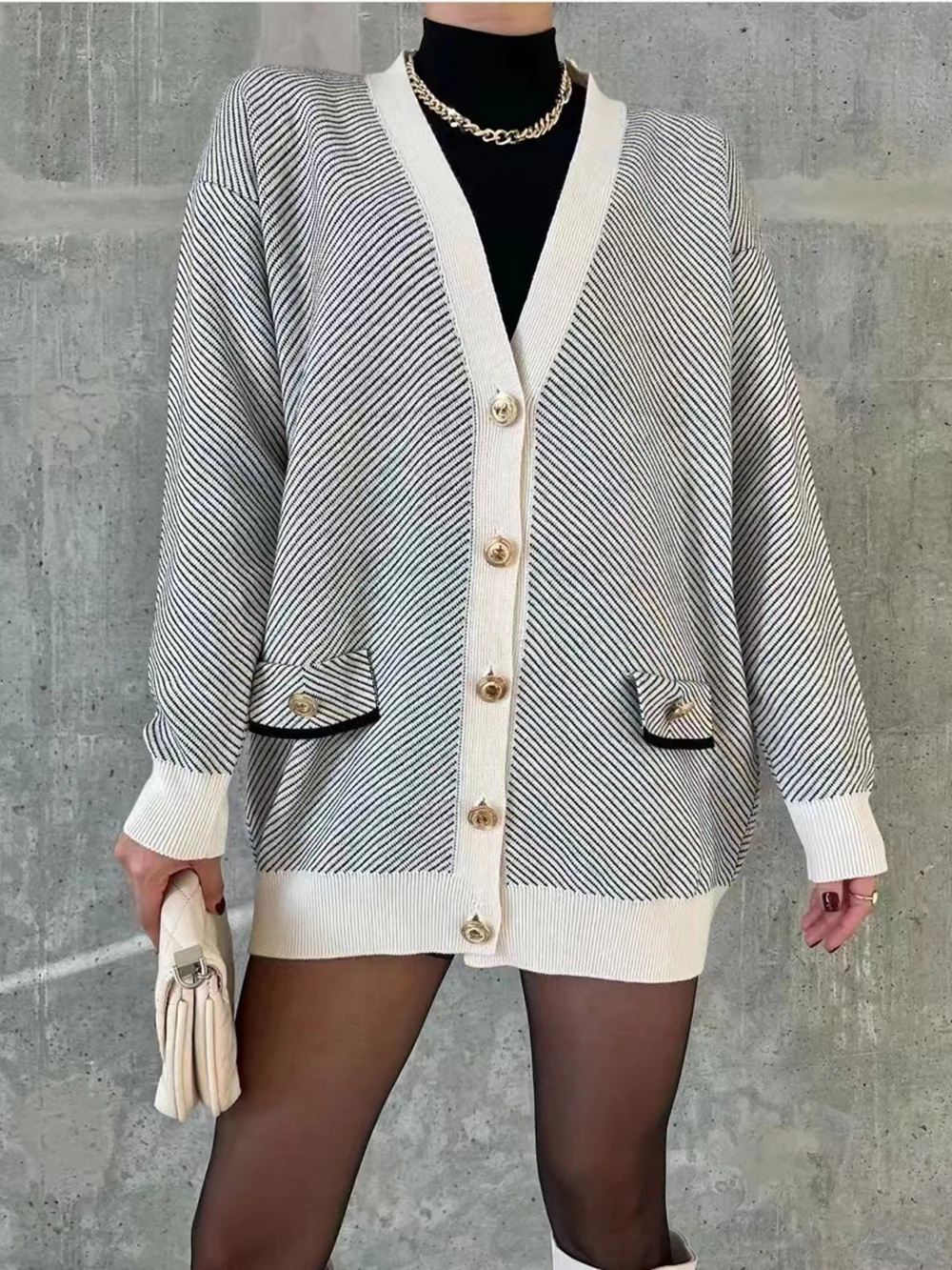 

Wixra Knitted Cardigan Women Striped Loose Patchwork Style Ins New Arrival Hot Simple Popular Sweater