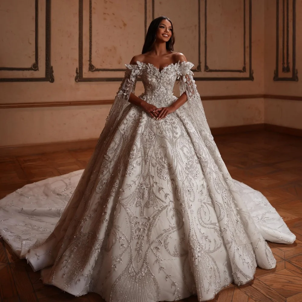 Gorgeous Beaded 3D Flower Wedding Dress With Train Modest Off Shoulder Bridal Gown Customized Floor-length Dresses For Bride