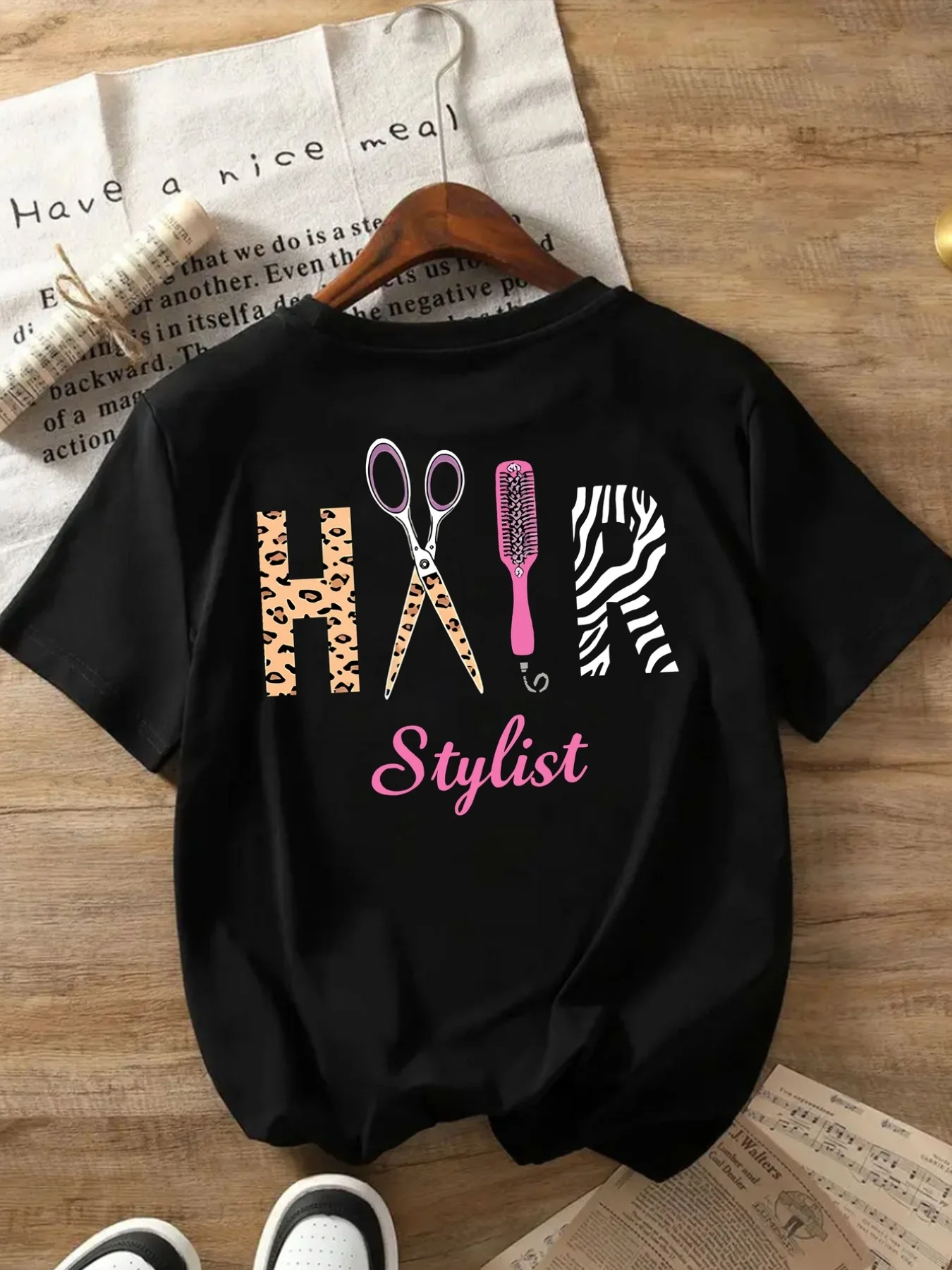 Hair Stylist Graphic T-Shirt Women Funny Hairdresser Gift Tee Leopard Zebra Print Scissors Comb Short Sleeve Summer Casual Top