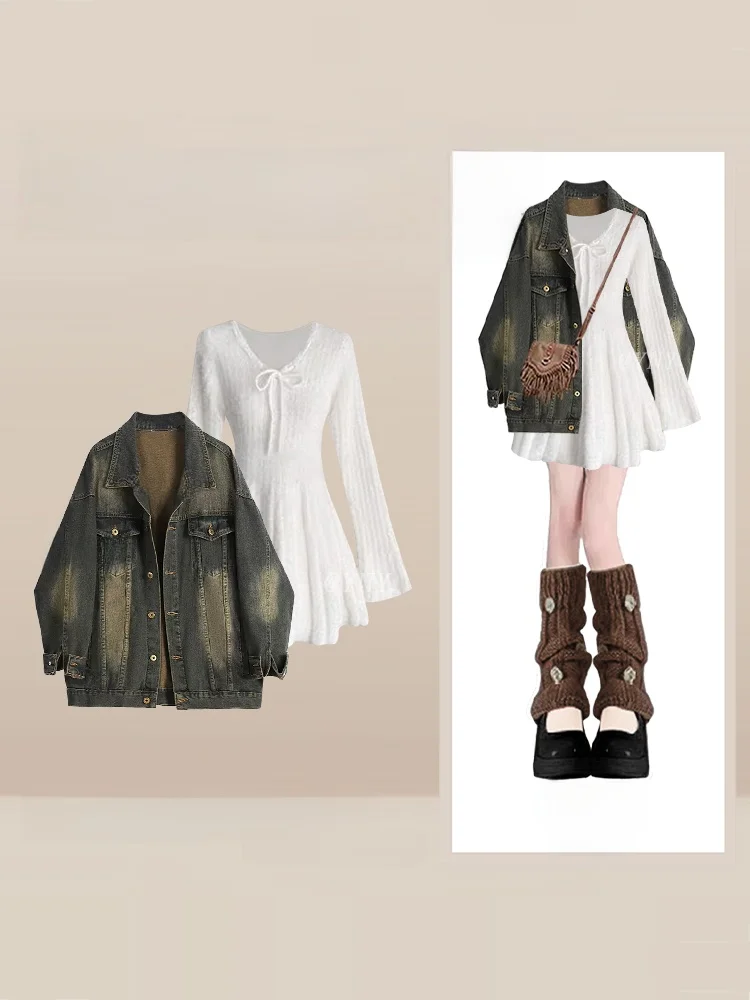 

Ретро американский слей выцветший джинсовый тюнер с высокой талией вязаный комплект Dr из двух предметов антивозрастной осенне-зимний женский ансамбль Faion