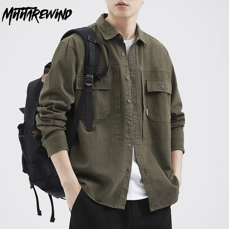 Japanese Retro Work Shirt Men Spring Fall Casual Pure Cotton Long Sleeve Man Shirts Loose Overshirt Streetwear Vintage Shirt
