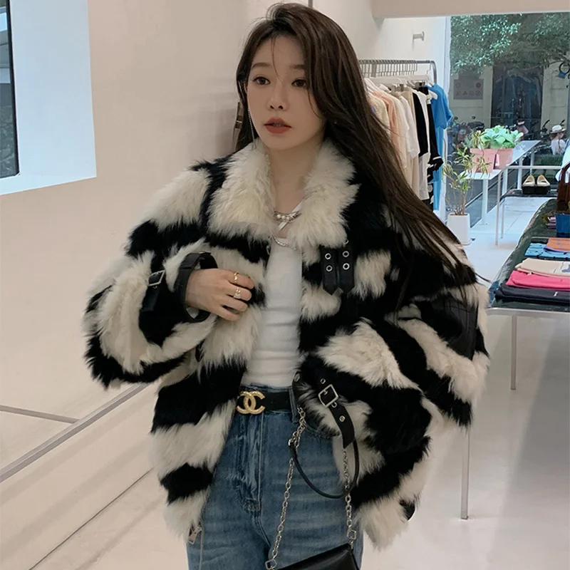 Women's Zebra Pattern Real Fur Winter Coats Fashion Short Motorcycle Tuscan Wool Jacket Zipper Lapel Double-faced Fur Overcoat