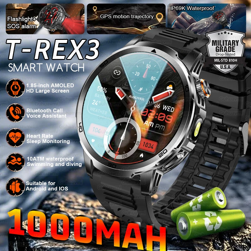 

2026New Military Outdoor GPS Sports Smartwatches Men 5ATM/IP69K Waterproof Flashlight Bluetooth Call Smart Watch 1000mAh Battery