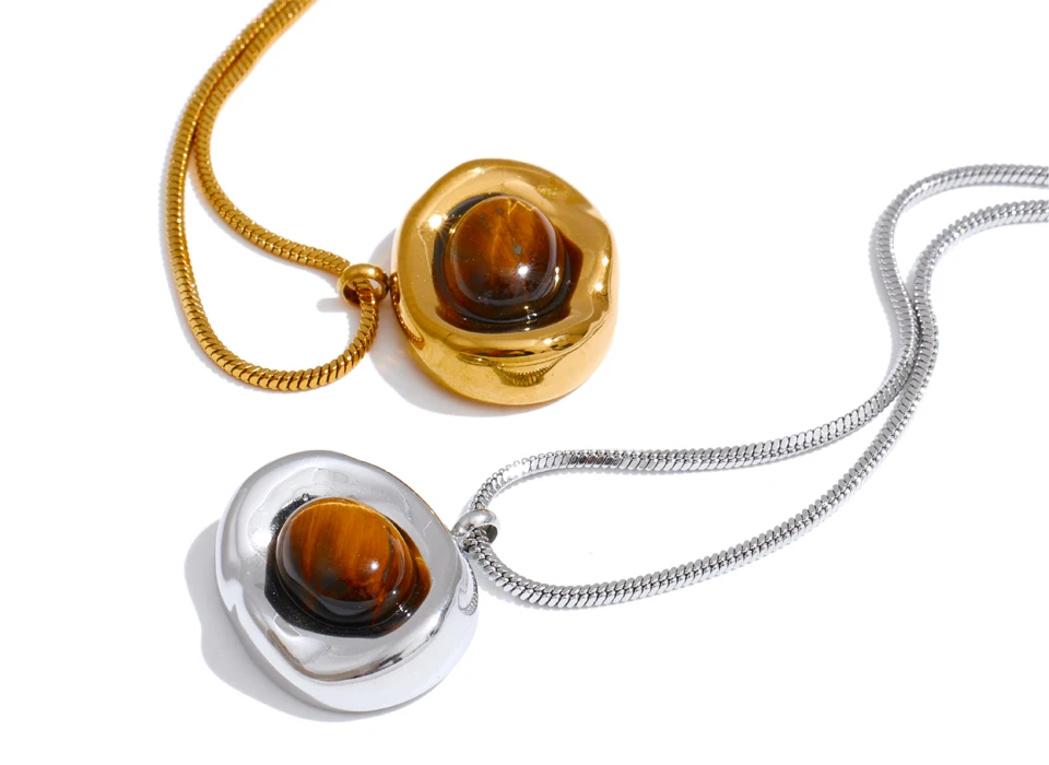 Yhpup Halskette mit natürlichem Tigerstein-Anhänger, hochwertiges PVD-beschichtetes Edelstahl-Kragen, beliebter Schmuck, täglich, hypoallergen – Detail 13