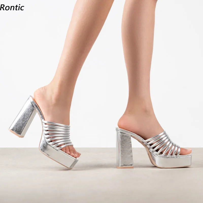 

Женские босоножки ручной работы Rontic, пикантные сандалии из лакированной кожи с квадратным каблуком, серебристые, золотистые босоножки, размеры США 6-10,5