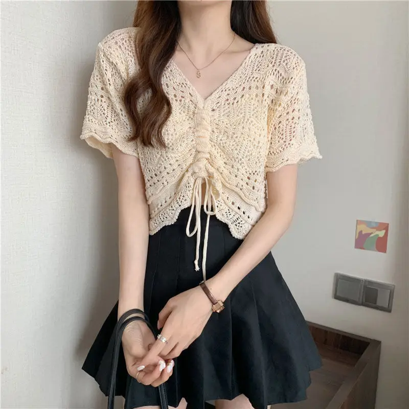 Summer New Drawstring Lady V-neck Short Hollow Knitted Women's Hollowed out Short Sleeved Top Sweater khaki