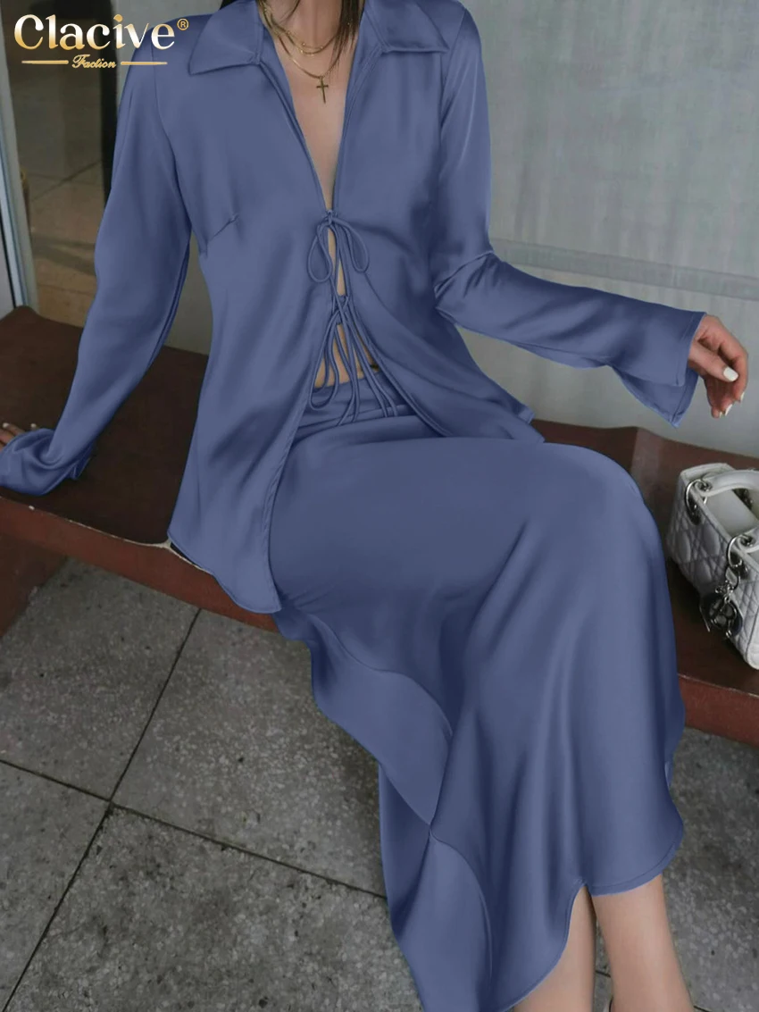 Clacive แฟชั่นหลวมสีฟ้าผู้หญิง 2 ชิ้นชุด 2025 เซ็กซี่เสื้อแขนยาวเอวสูงชุดกระโปรงยาวหญิง streetwear