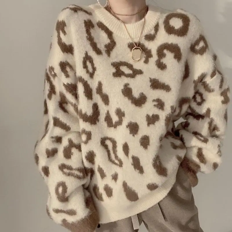 

Leopard Crochet Knit Top for Women 2025 Long Sleeve Crop Sweater Pullover Casual New Fashion Knit Wear Women's Clothing M494