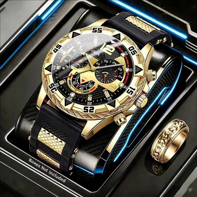 Popular Fashion Casual Sports Round Men's Quartz Watch and Ring, Silicone Strap, precise and Durable Is an Ideal Gift Choice