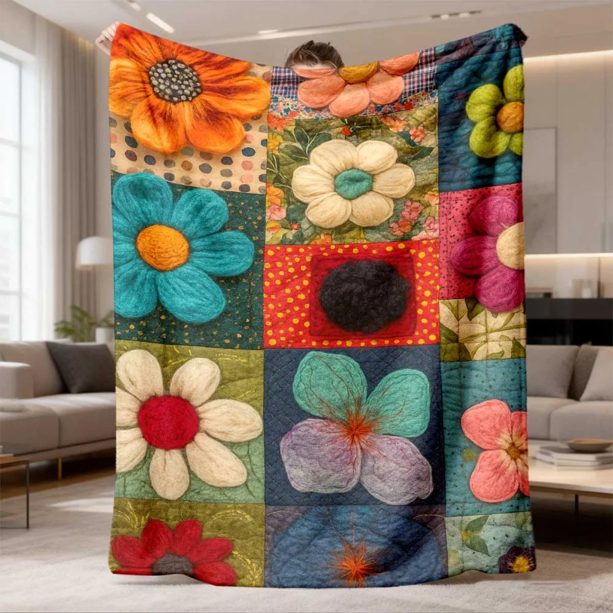 Multi Color Wool Felt Flower Patchwork Grid Full Print Fluffy Throw Blanket, Warm Soft Couch Bed Cottage Floral Home Decor