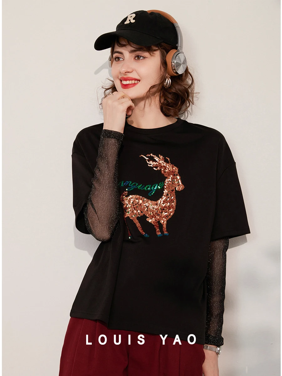 

LOUIS YAO Women T-shirt Casual Sequin Embroidery Long Sleeve Tee Round Neck 2024 Spring and Summer Fake Two Pieces Loose Fit Top