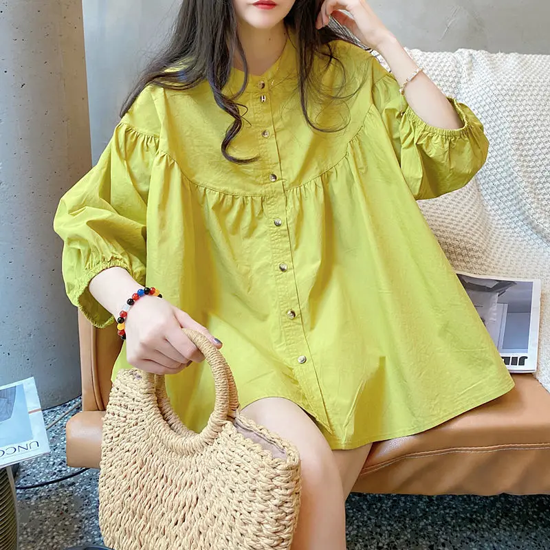 Shirt Top Summer Korean Version Simple Loose Foreign Cotton and Linen Shirt Women\'s Three-quarter Sleeves Blouse Female Casual