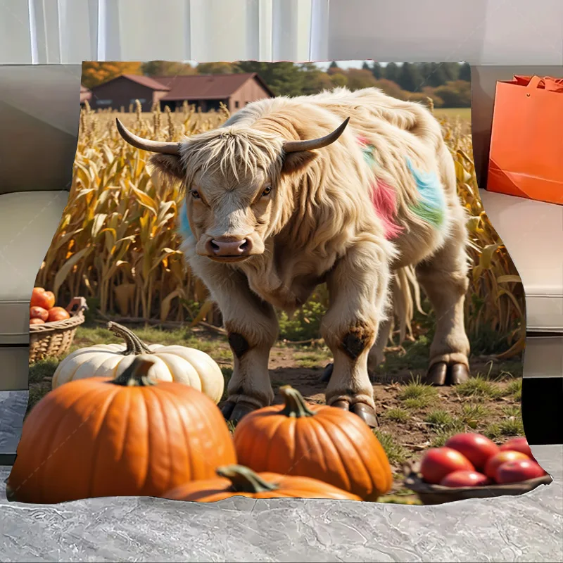 

1pc Flannel Blanket Rustic Highland Cow with Pumpkins Farm Scene Cozy Blanket