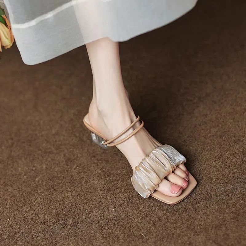 

French Style 2026 Summer New Mesh Fairy Style Versatile Crystal Chunky Heel Two-Wear Half-Slipper Fashion Sandals for Women